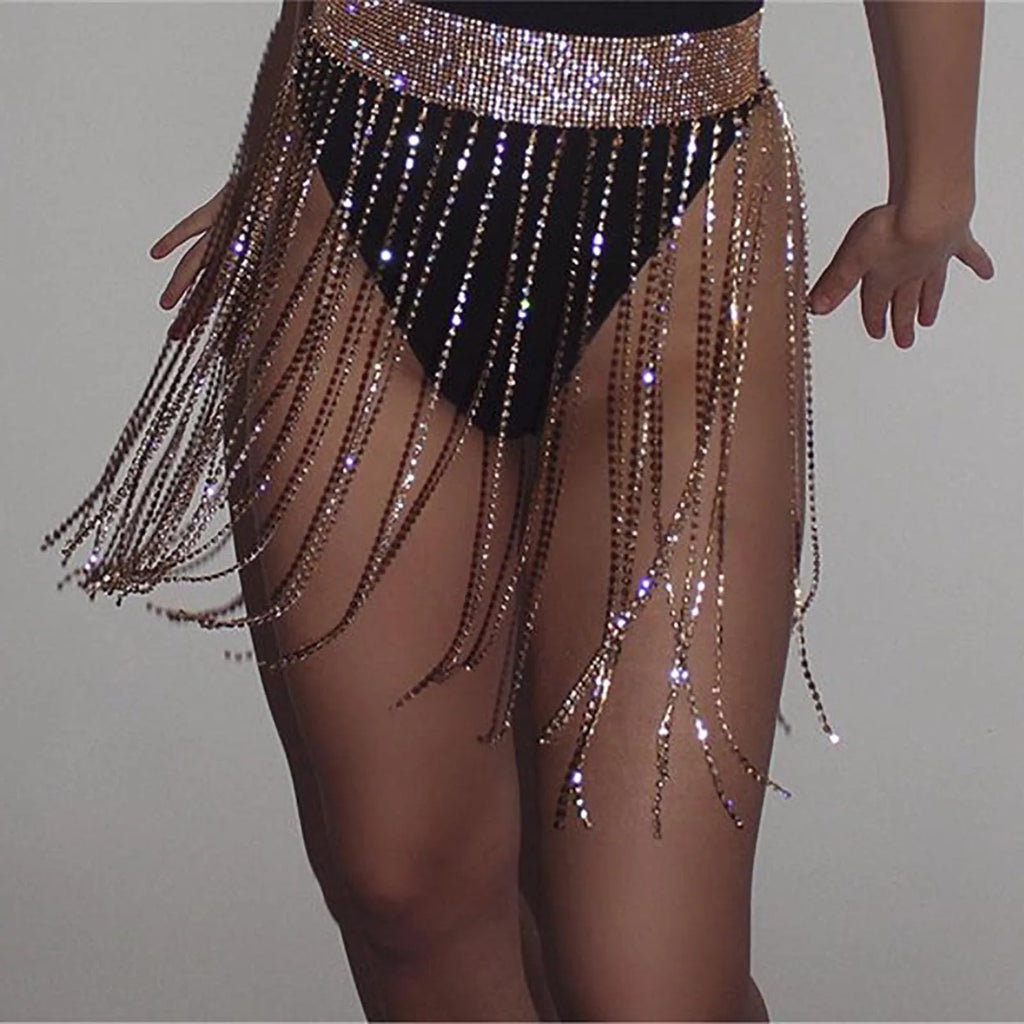 Fringe Bright Rhinestone Chain Skirt Women's High Waist Tassel Waist Chain Belt Stage Performance Carnival Party Night Clubwear
