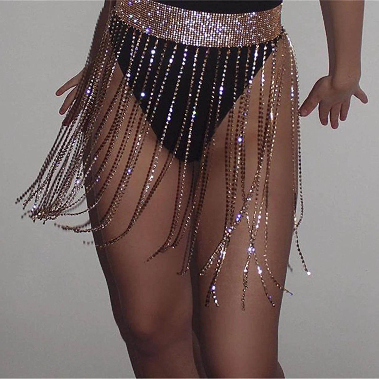 Fringe Bright Rhinestone Chain Skirt Women's High Waist Tassel Waist Chain Belt Stage Performance Carnival Party Night Clubwear