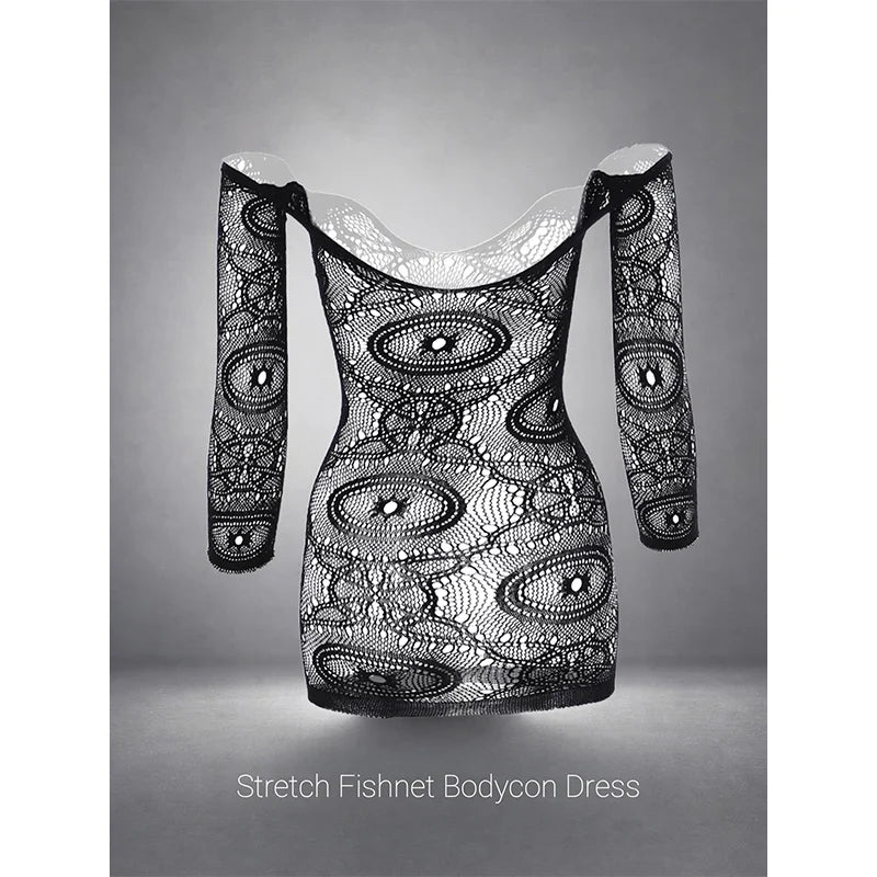 Women Sheer Mesh Long Sleeve Beach Cover Up, Sexy See-Through Fishnet Dress, Solid Bodycon  For Summer Beach Party