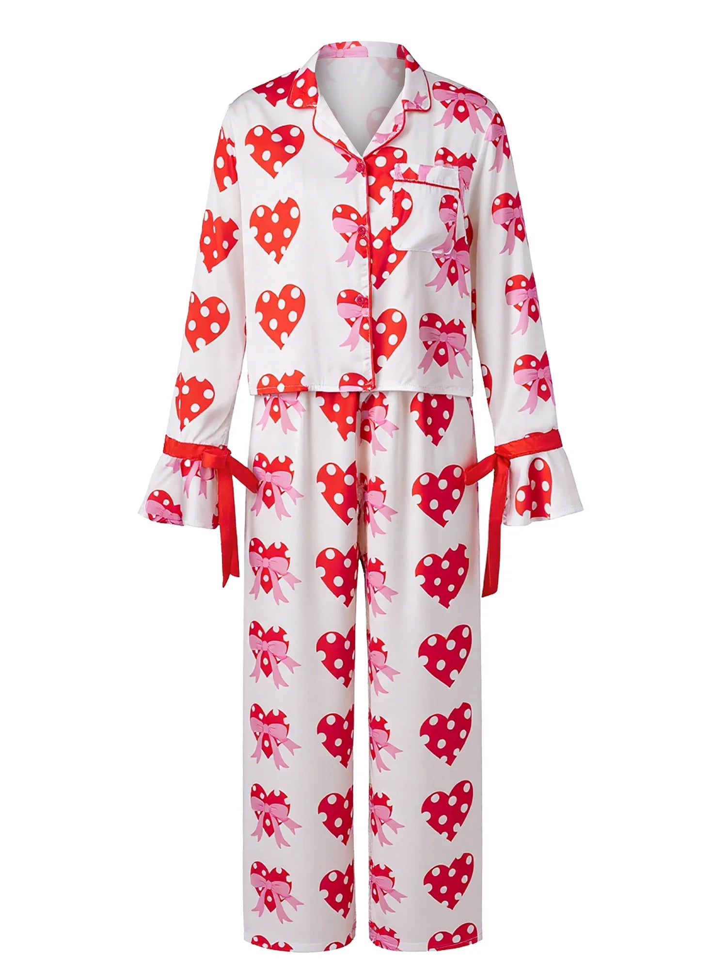 Women 2025 Heart Print Pajama Set Long Sleeve Button-up Tops and Pants 2 Piece Valentines Day Sleepwear Outfit