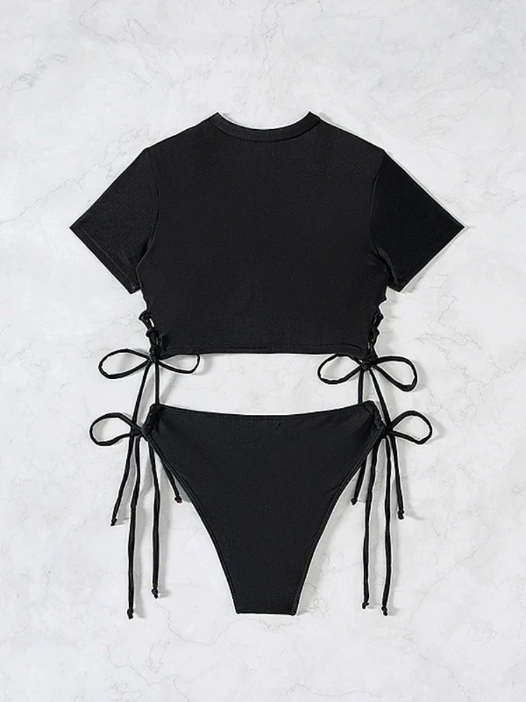 2026 New 2 Piece Swimsuit for Women Solid Color Sexy Drawstring Short Sleeve Bikini Set Beach Vacation Bathing Suit Swimwear
