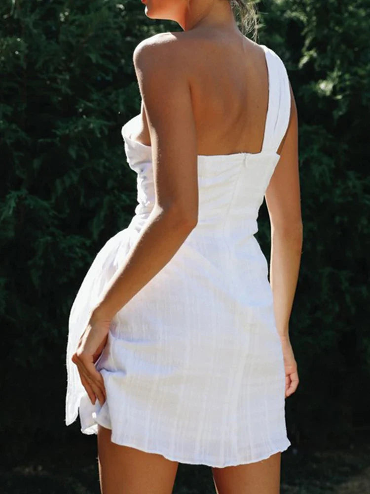 Foridol One Shoulder White Cotton Ruched Short Summer Dress Bowknot Beach Sundress Women Sleeveless Solid Dress
