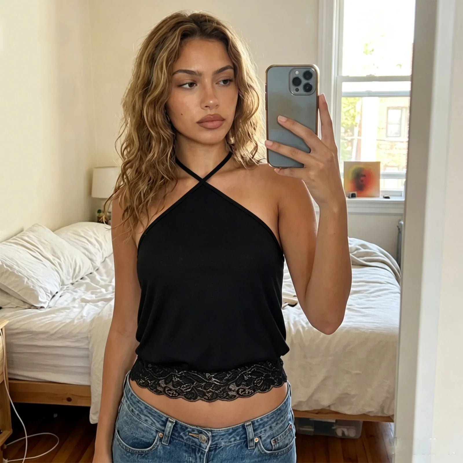2026 Summer Women's Backless Lace Hem Tank Tops Slim Fit Halter Vest Daily Fashion Going Out Sleeveless Shirts
