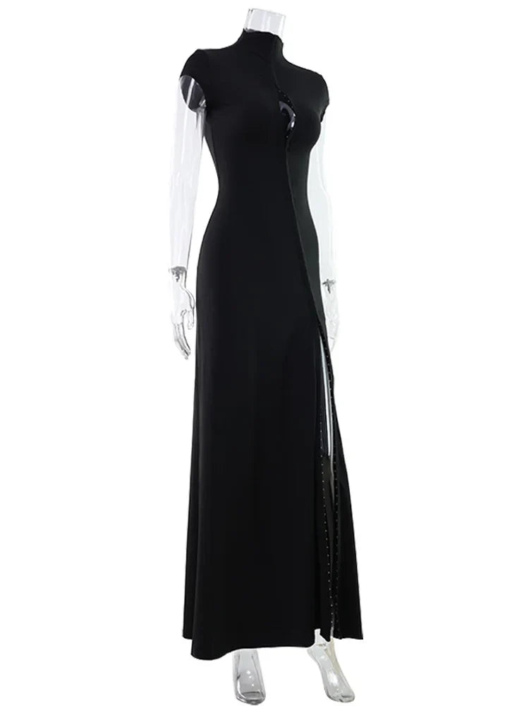 Ahagaga Fashion Women's Maxi Dresses Half High Collar Solid Sexy Single Breasted High Split Short Sleeves Sheath Streetwear Fit