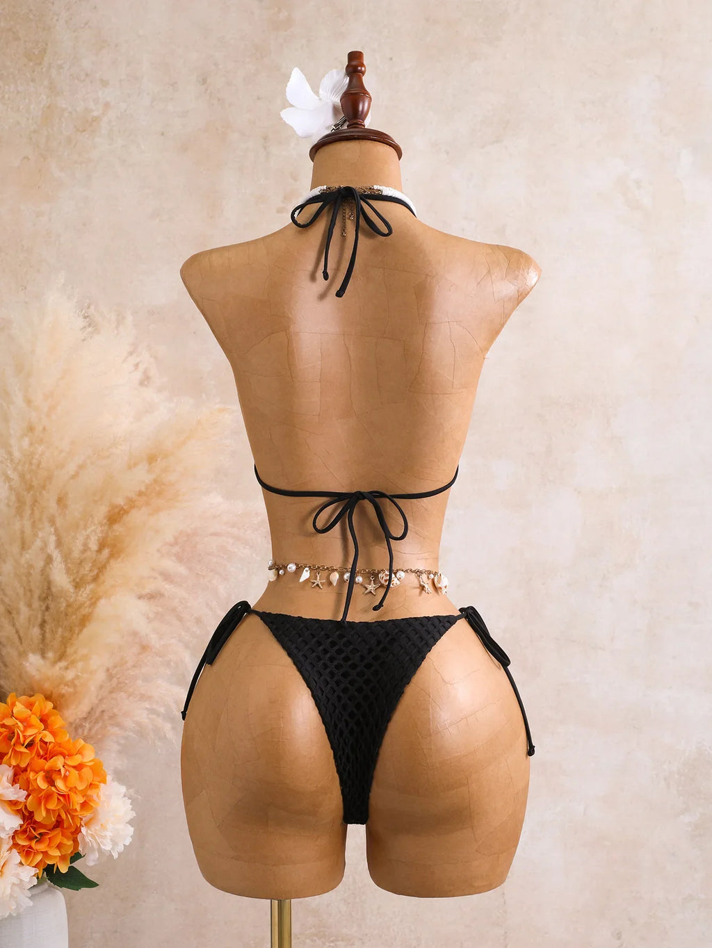Sexy Black 3D Flower Holiday Bikini Set 2026 Women Drawstring Side Knitted Cover Up 3 Piece Swimsuit Beach Bathing Suit Swimwear