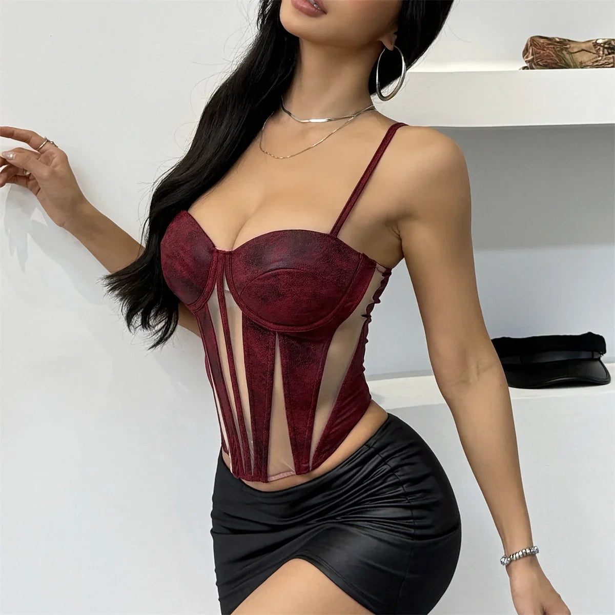 Breathable Court Style Corset for Women Wine Leather Mesh Patchwork Bodycon Vest Summer Slim Fishbone Y2K Lady Tank Tops