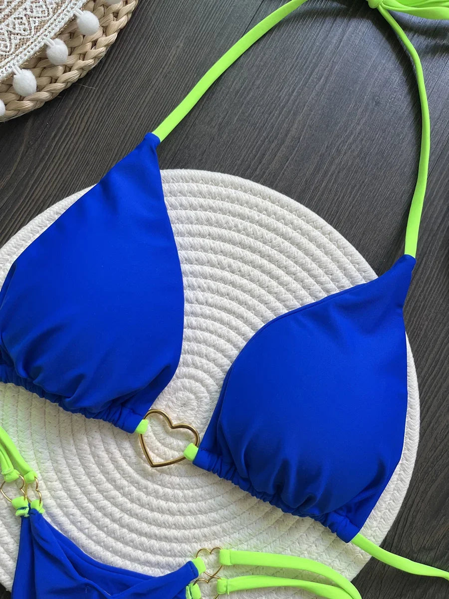 Metal Heart-shaped Halter Mini Micro Thong Bikini Female Swimsuit Women Swimwear Two-pieces Bikini Set Bather Bathing Suit Swim