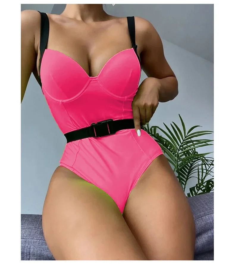 2026 New One Piece Swimsuit Swimwear Women Sexy Push Up Solid Bathing Suit Beachwear with Removable Belt Costumi Da Bagno Donna