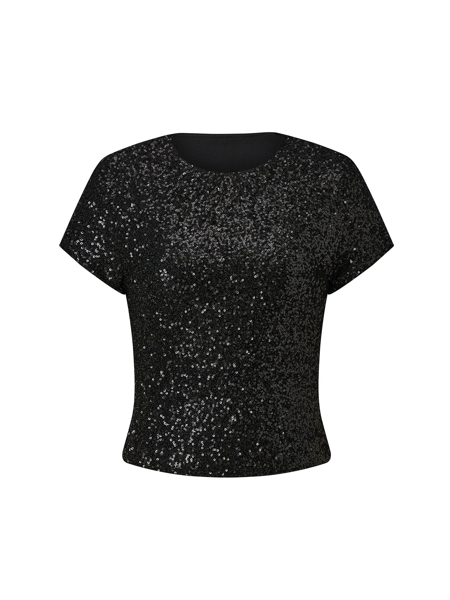 Women's Summer Solid Color Basic T Shirts Stylish Sequin Short Sleeve Round Neck Crop Tops for Casual Daily Wear