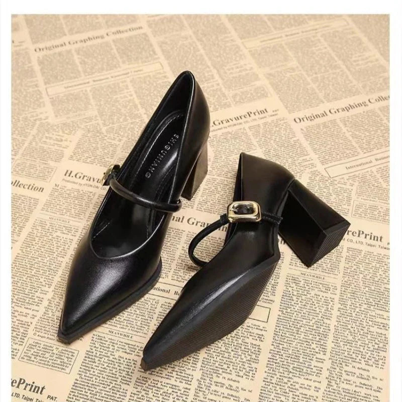 Single Shoes Fashion Pointed Toe Not Tired Feet One Word Belt Soft Sole Non-slip Block Heel Leather Shoes