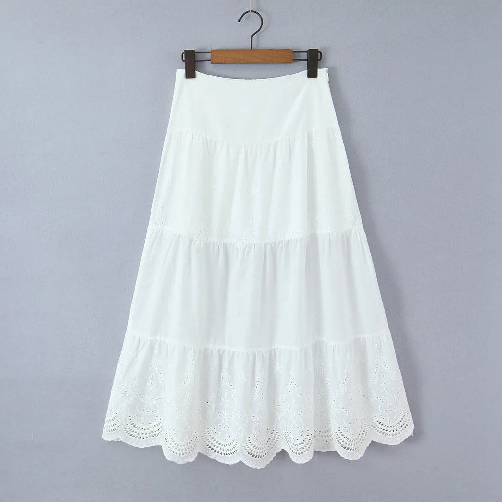 New Style Vacation Casual Long Skirt Half Transparent Lace Trimmed Mesh Splicing Hollow Embroidery Fairy Long Skirt Elegant TGER
