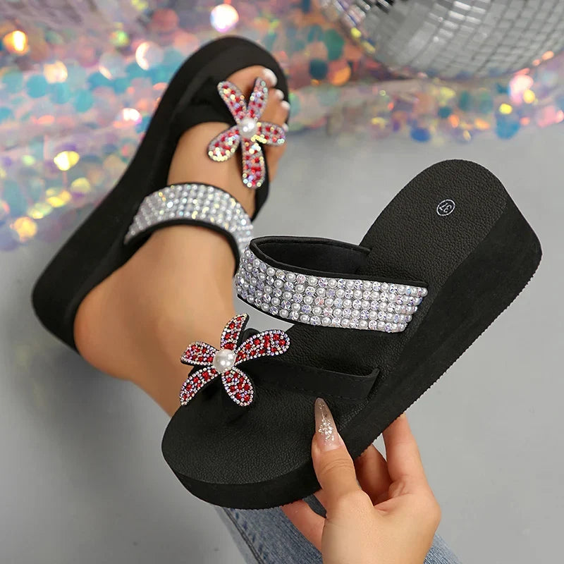 Luxury Rhinestone Flower Clip Toe Sandals Women Lightweight Crystals Wedges Slippers Woman Plus Size 36-42 Platform Slides Mujer