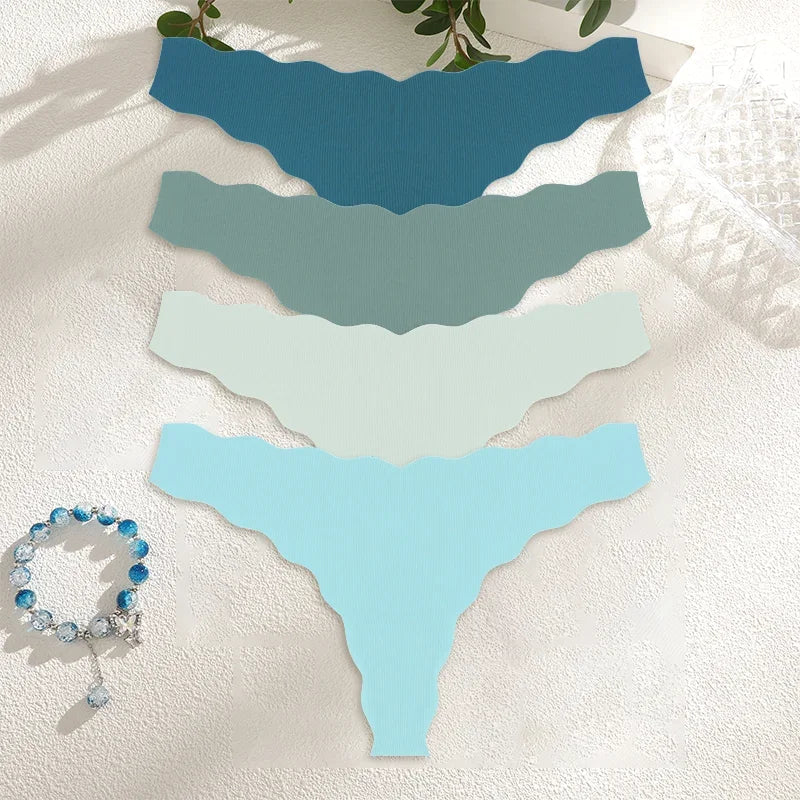 4Pcs Women Seamless Panties Wavy Design Ultra-thin Thongs Women Ice Silk Underwear Sexy Panty Low Waist G-string Female Solid