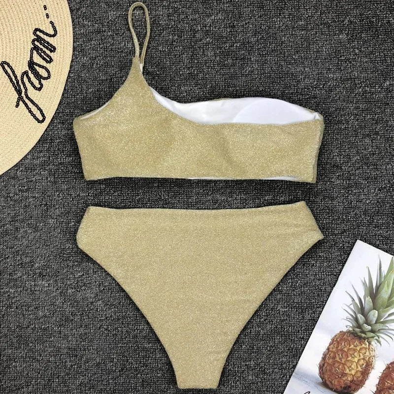 Sexy Shiny Sparkling One Shoulder Bikini Female Swimsuit Women Swimwear Two-pieces Bikini Set High Waist Bathing Suit Swim Lady