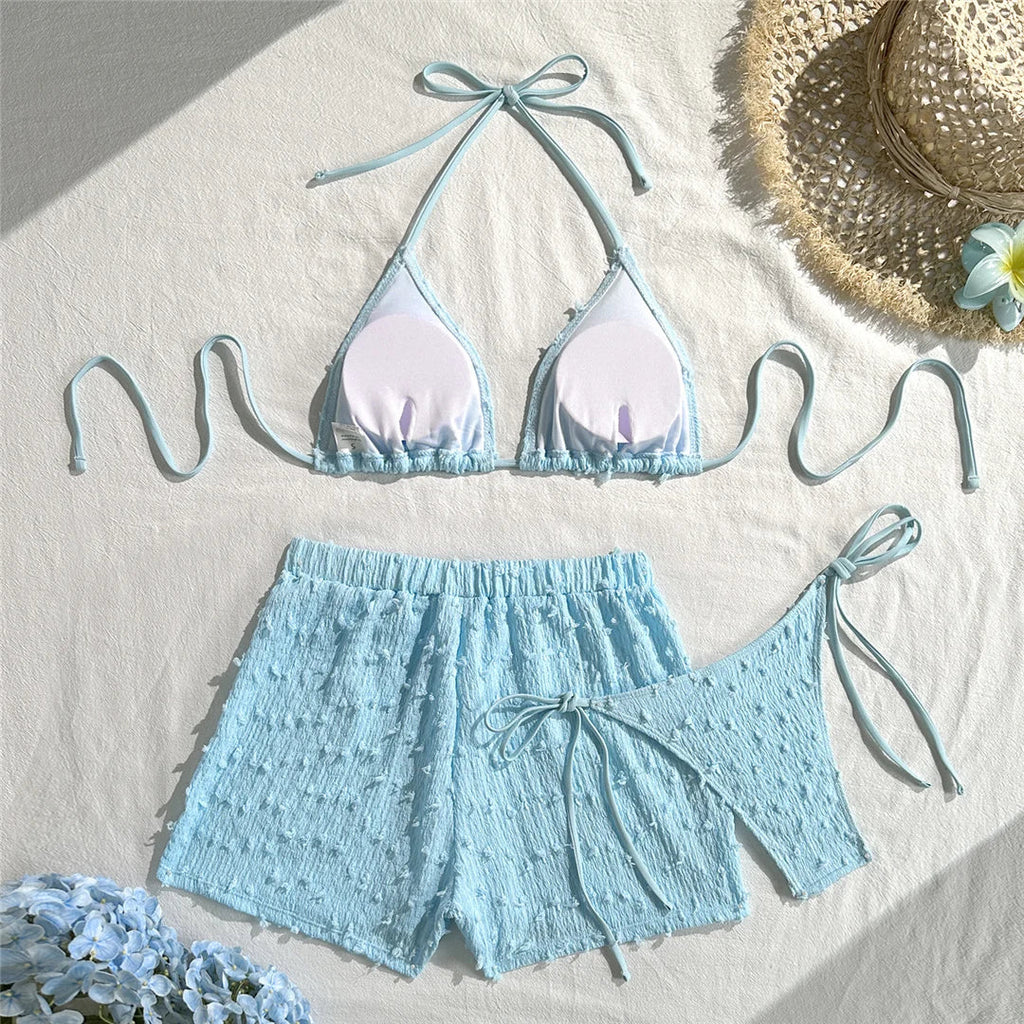 4 Colors Sexy Halter Bikini Female Swimsuit Three-pieces Bikini set With Shorts Women Swimwear Bather Bathing Suit Swim V7843W