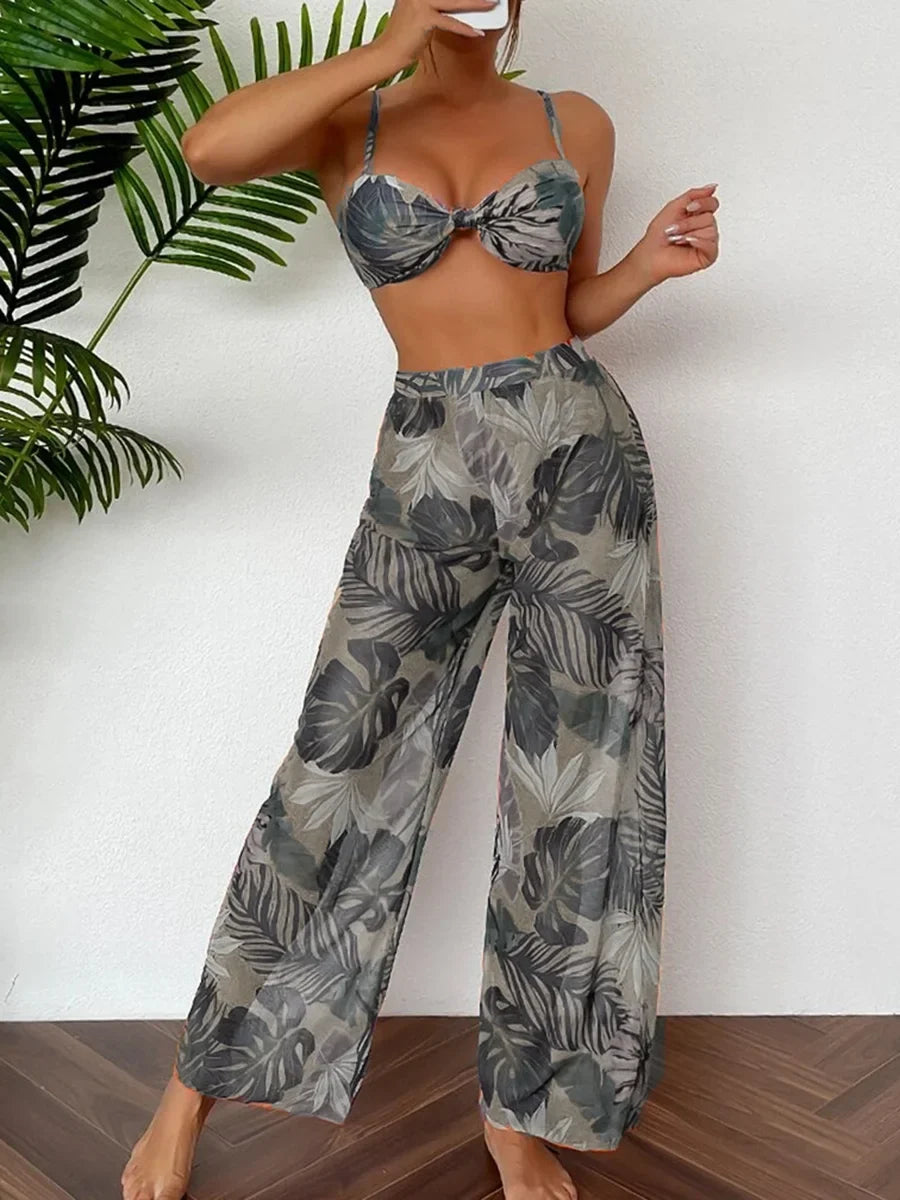 3 Pieces Strappy Bikini 2026 Women Printed Swimsuit Sexy Swimwear Female With Beach Pants Bathers Bathing Swimming Swim Suit