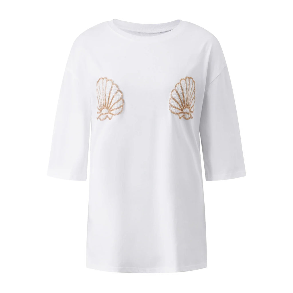 Women Oversized Short Sleeve T-shirt Sparkle Shell Embroidery Loose Shirts Summer Daily Casual Baggy Tops