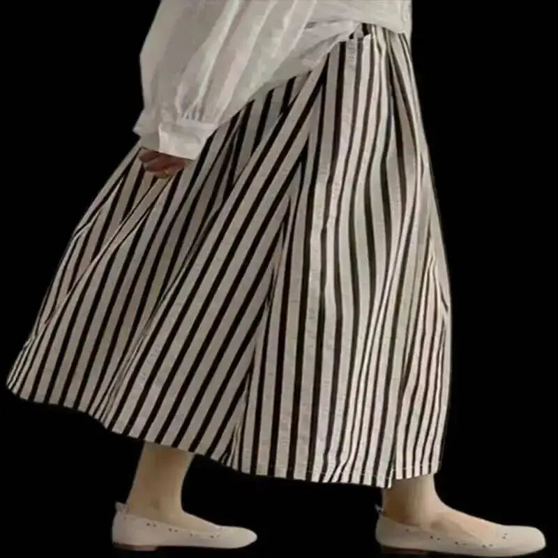 Retro Chic Solid Color Striped Skirt For Women In Summer, High Waisted And Slimming A-line Mid Length Umbrella Skirt Casual OHS8