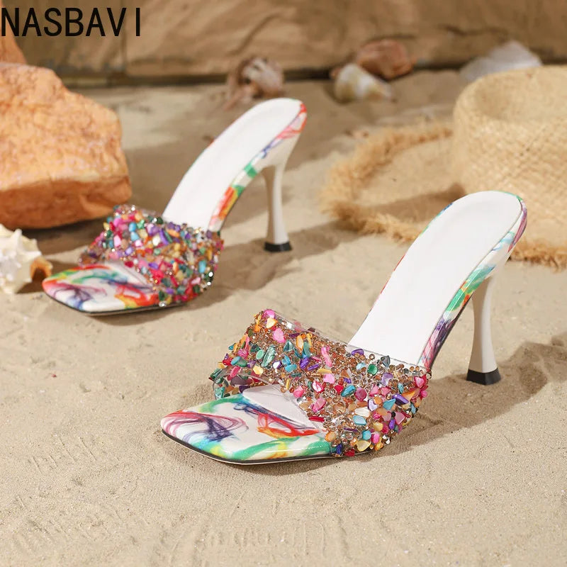Designer Summer Open Toe Colored Rhinestones Slippers Women PVC Transparent Sexy Thin Heels Stripper Ladies Slides Shoes