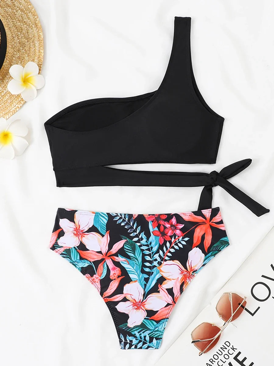 One Shoulder Bikini Set Sexy 2025 Swimsuit Women Solid Padded Swimwear Female Bathers Bathing Swimming Swim Suit Beachwear