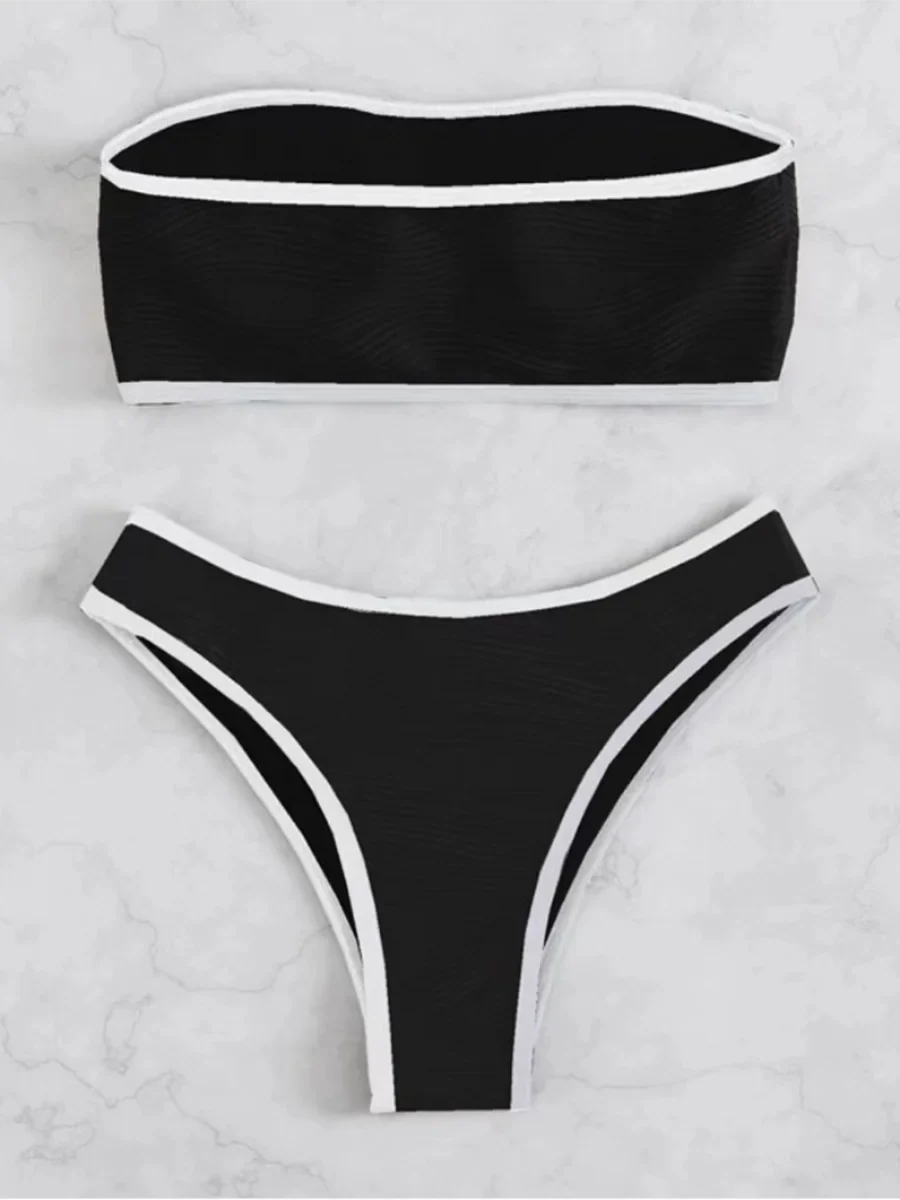 Contrast Binding Bandeau Bikinis 2026 Women Sexy Swimsuit Solid Padded Swimwear Female Bathing Suit Swimming Summer Beachwear