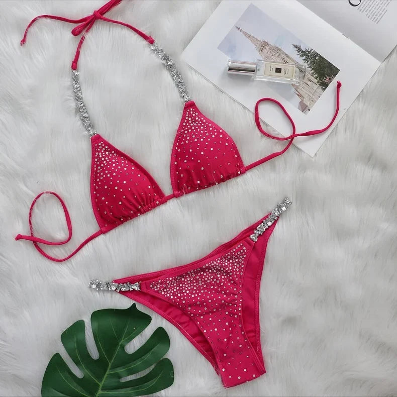 2026 New Sexy Bikini Women Rhinestones Swimwear Swimsuit Halter Bikinis Set Bathing Suit Beach Bikini Luxe Maillot De Bain Femme