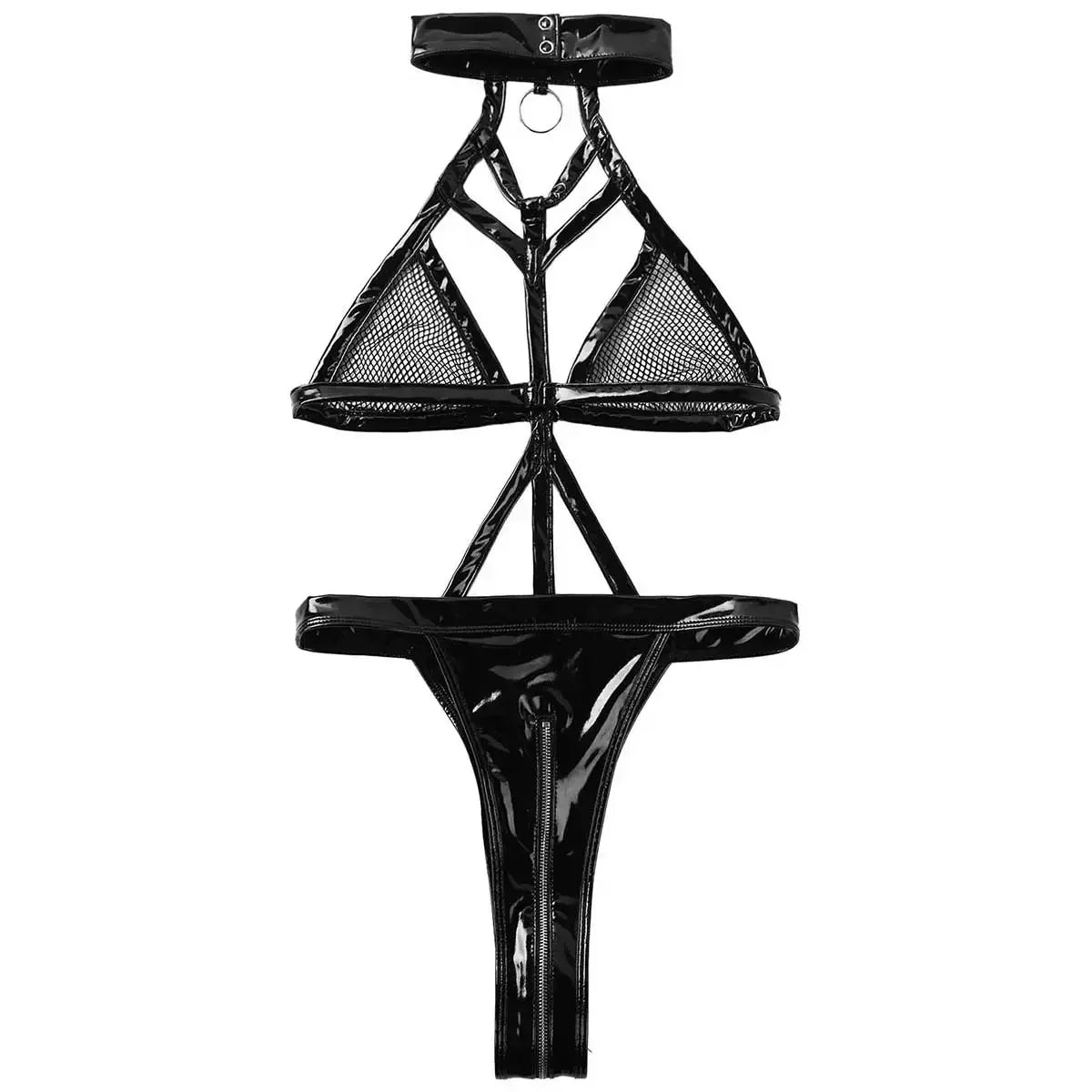 Plus Size 2XL Balck Bandage PU Leather Mesh Bodysuit Exotic Teddies Zipper Crotch Catsuit Women Sexy Lingerie Costumes
