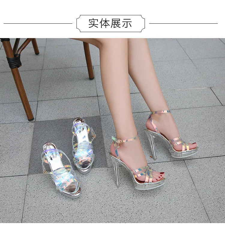 PVC Transparent Crystal Sandals Women Gold Silver Wedding Holographic Summer Jelly Shoes Ladies Thin High Heels Sandalias Mujer