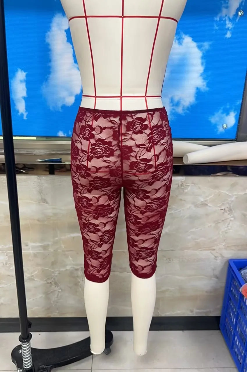 Women Burgundy Floral Lace Capri Leggings Sheer See Through Knee Length Pants High Waist Slim Fit Casual Summer Streetwear