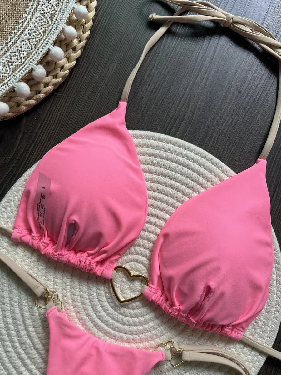 Metal Heart-shaped Halter Mini Micro Thong Bikini Female Swimsuit Women Swimwear Two-pieces Bikini Set Bather Bathing Suit Swim