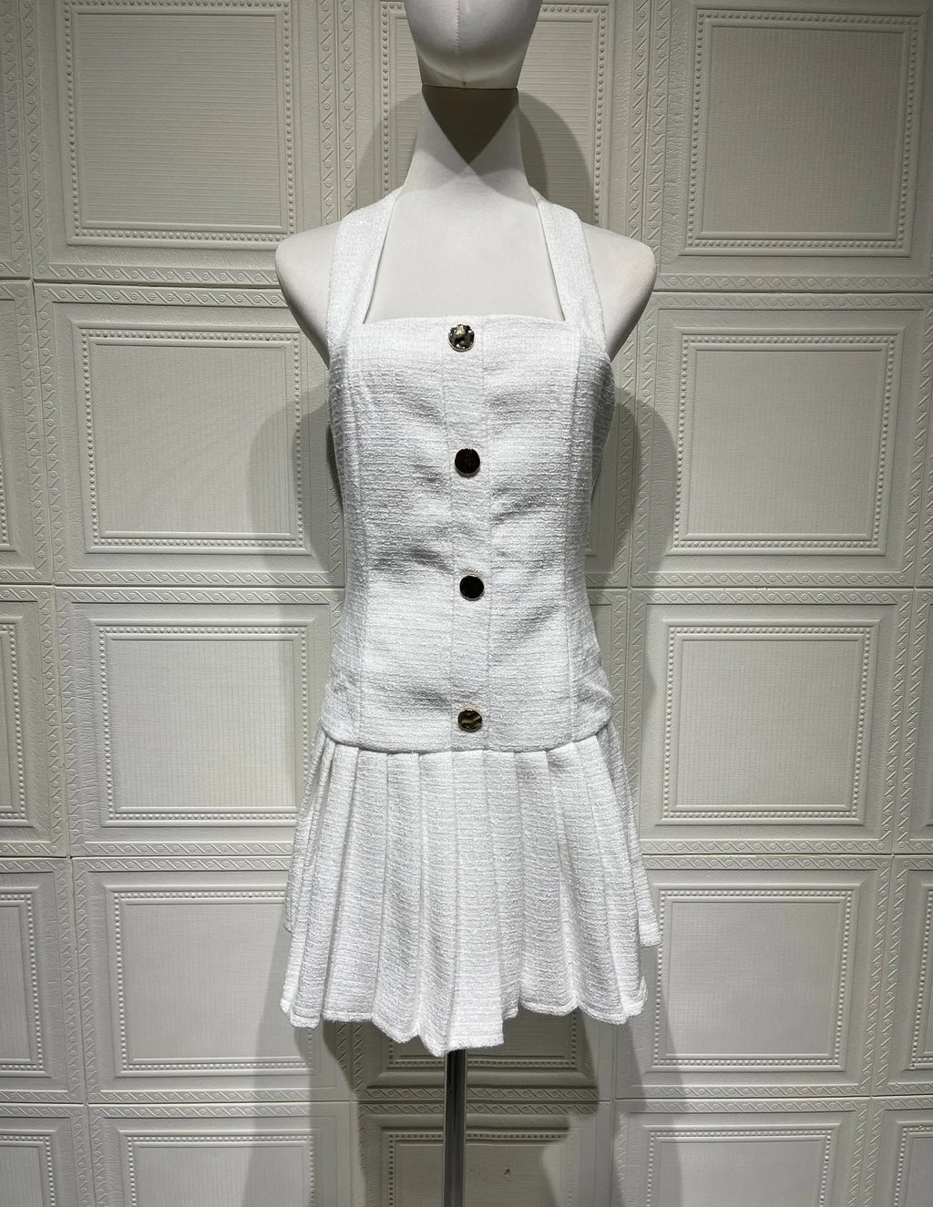 Temperament Elegant Women's Halter Neck Dress Solid Color Braid Fabric Pleated Short Dresses Socialite Commuting Style Vestidos