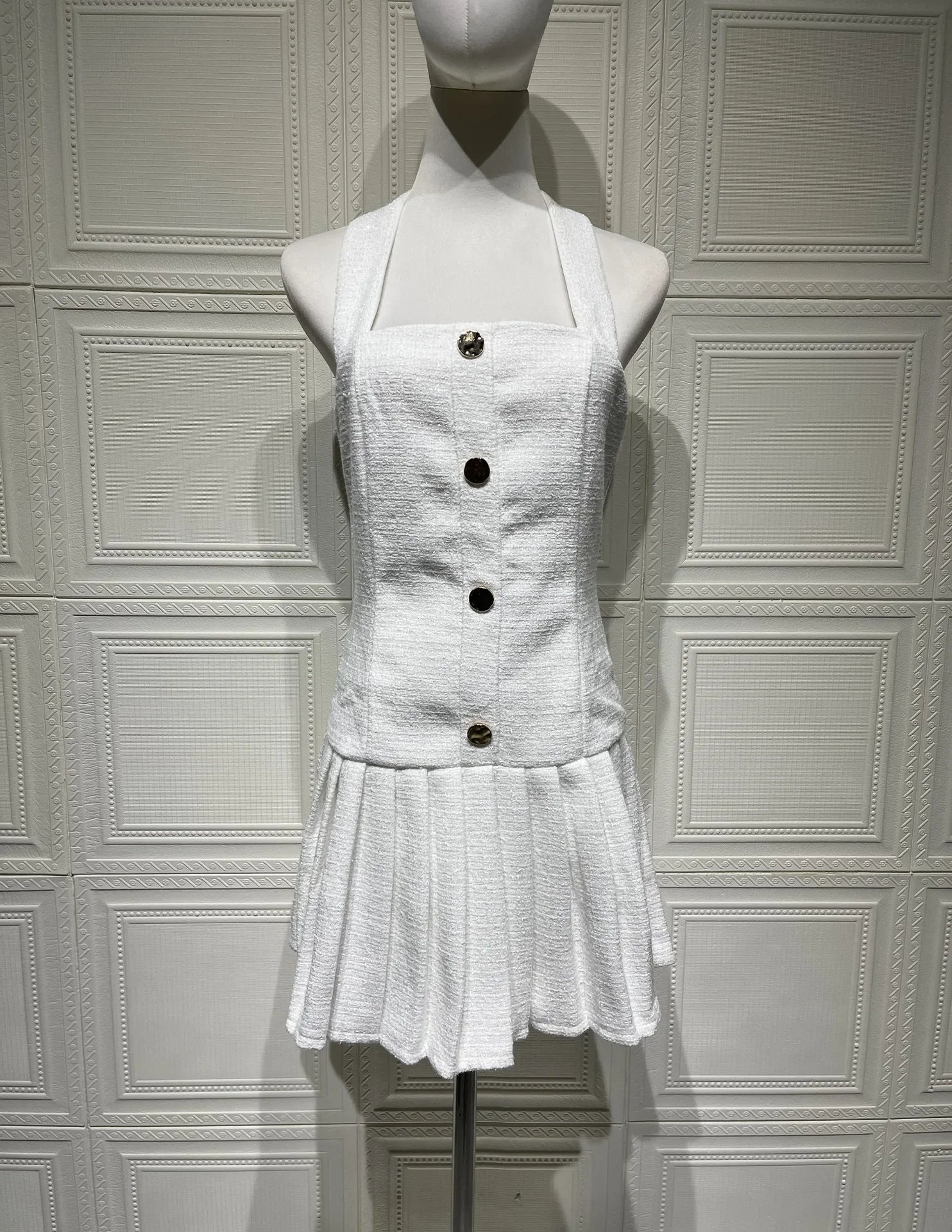 Temperament Elegant Women's Halter Neck Dress Solid Color Braid Fabric Pleated Short Dresses Socialite Commuting Style Vestidos