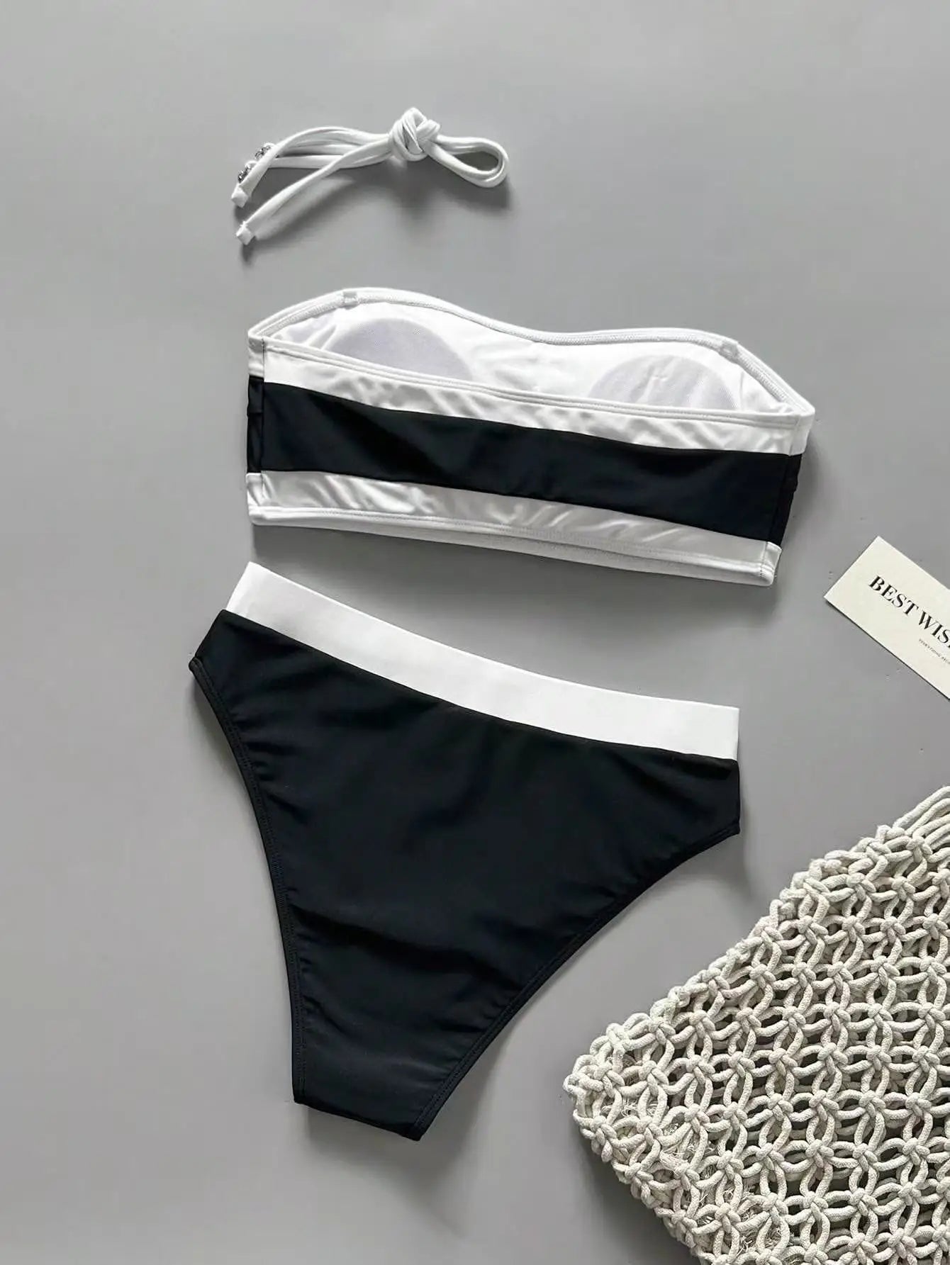 Sexy White Black Patchwork Bikini Set 2026 Women Bandeau Push Up Bra High Waist Swimsuit Beach Bathing Suit Holiday Swimwear