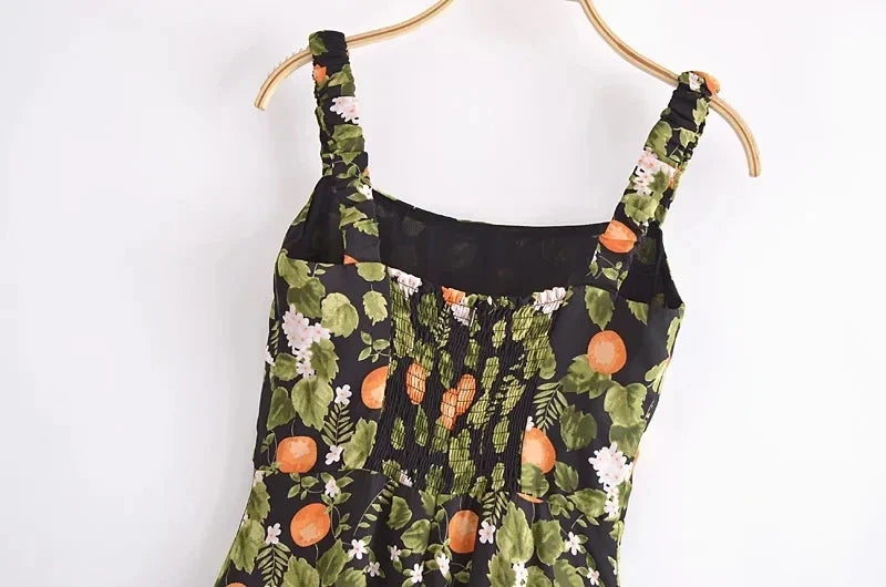 French Style Vintage Lemon Leaf Printed Green Dress Sexy Slip Midi Sleeveless Tank Dress Chiffon Women Holiday Elegant Dress