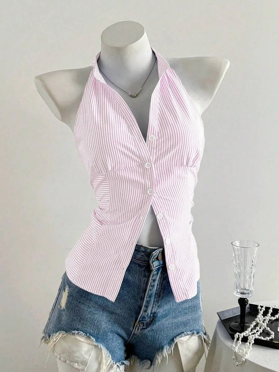 Summer Casual Shirt Women's Blue Striped Halter Top V Neck Button Down Sleeveless Slim Fit Blouse 2026 Y2K Style Streetwear