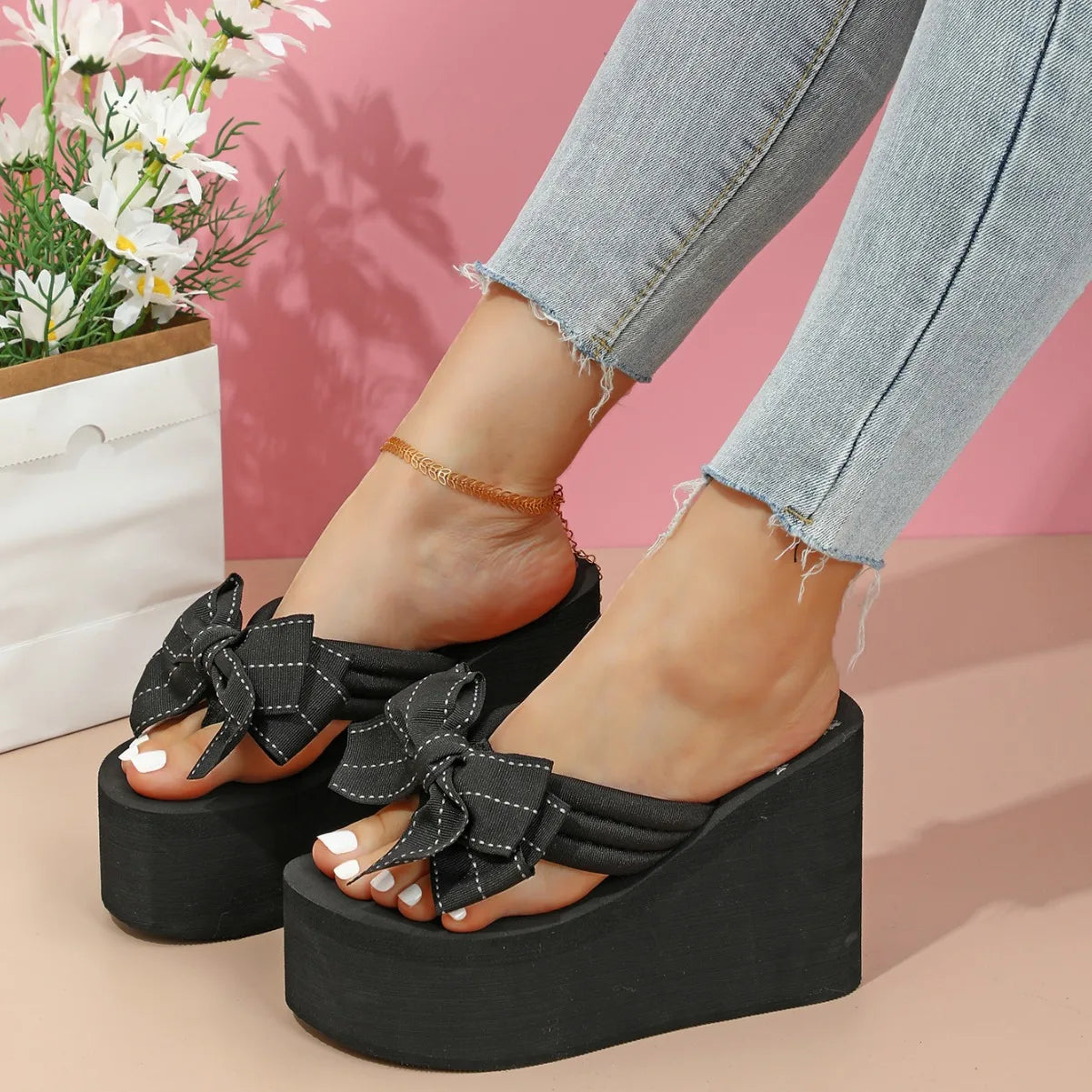 11cm Wedge Flip Flops Sandals For Women Summer Platform Shoes Cute Bow Light Weight Girls Sexy High Heels Fashion Beach Slippers