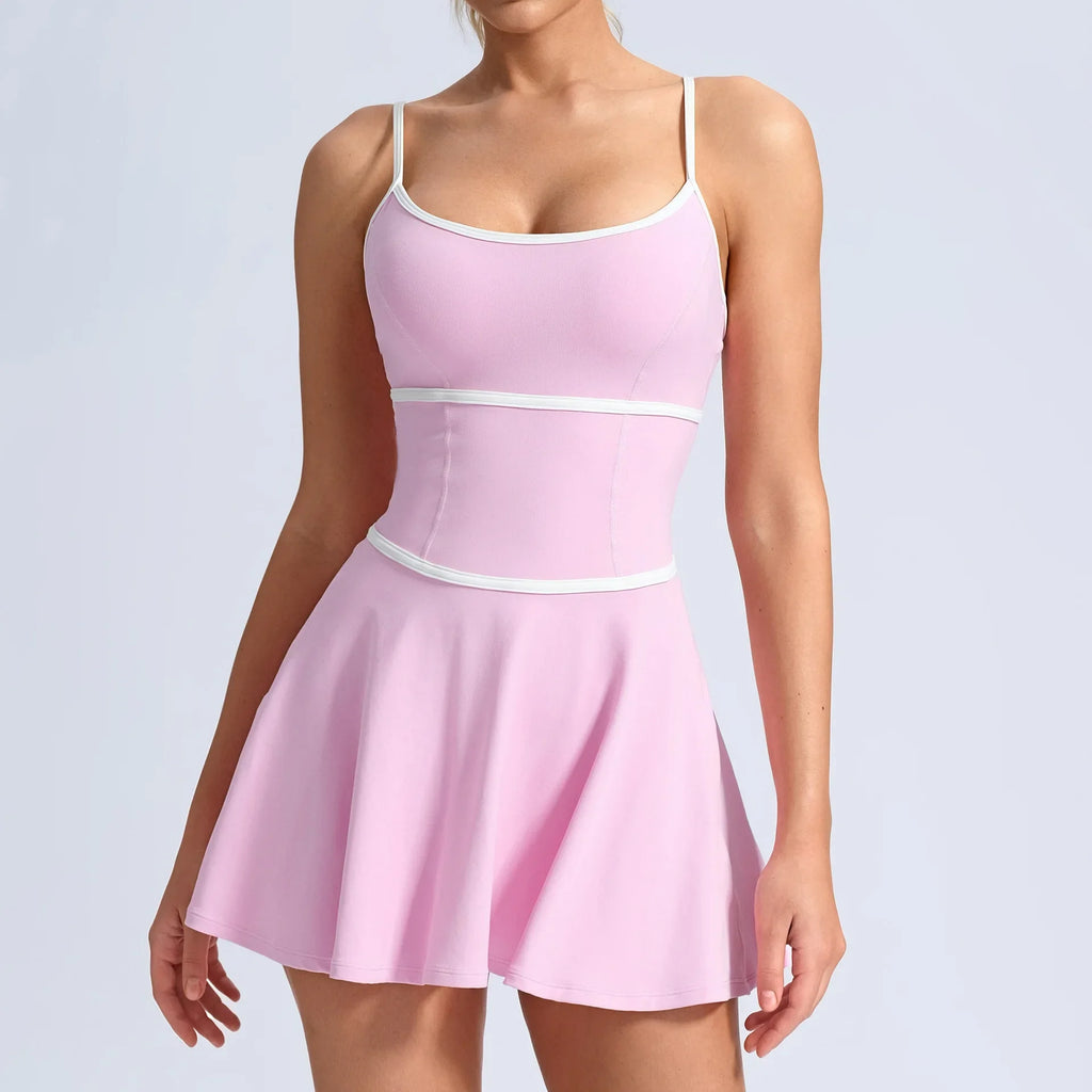 Summer Color Blocking Tennis Dresses Women Thin Shoulder Strap Slim Workout Golf Skirts Outwear Gym Running Pleate Dress