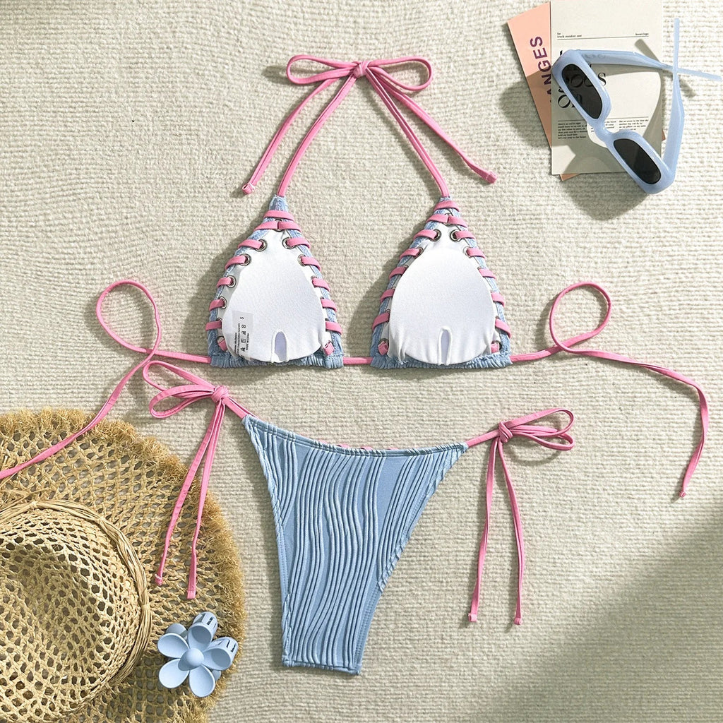 2025 Halter Wrinkled Weaved Bikini Women Swimwear Female Swimsuit Two Pieces Bikini Set Brazilian Bathing Suit Swim Beach Wear