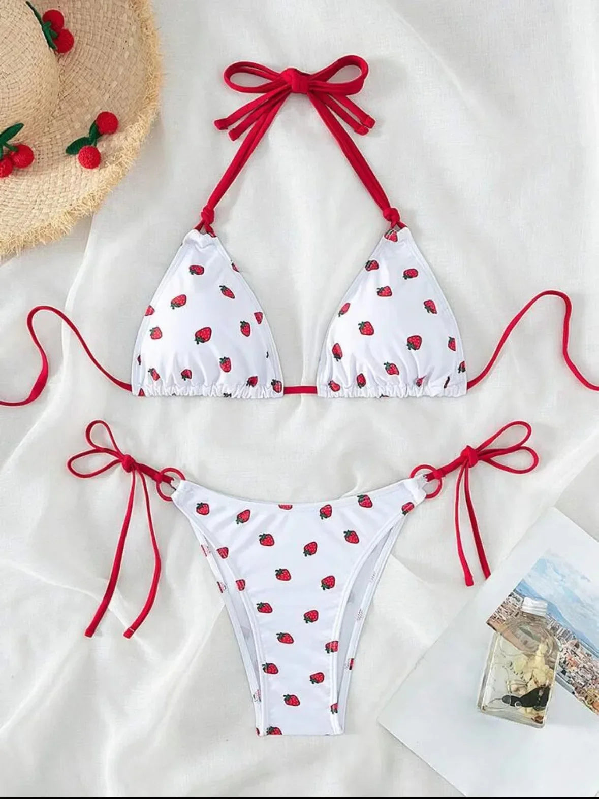 DEKA Women Cute Strawberries Print Bikini Set Sexy Thong Swimsuit Two Pieces Bathing Suit Swimwear