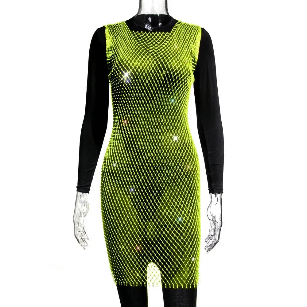 XS-2XL 15 Colors Rhinestones Fishnet Dress O-Neck Grid Swimsuit Bikini Cover Up Beach Pool Party Cover-ups for Swimwear Women