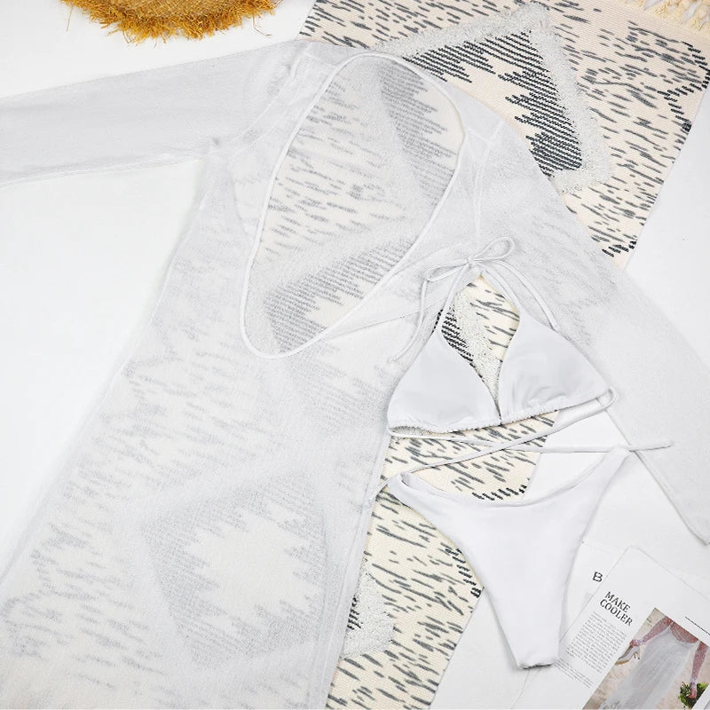 Sexy Solid 3 Piece Micro Bikinis Women Swimsuit 2025 New Swimwear With Long Sleeve Bathing Suit Beachwear Biquini Female