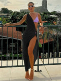 Sexy One-shoulder Asymmetric Black White Beach Dress Midi Beach Cover Up Woman Swimwear Bikini Tunic Kimono Beachwear Outfit