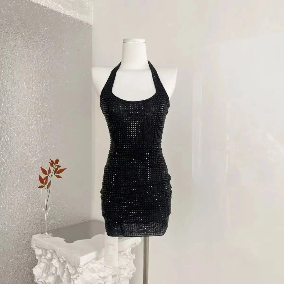 2026 Spring New Sexy Shinestone Halter Neck Backless Slim Fit Waist-Cinching Bodycon Dress Pure Desire Charming Pure Desire FJZ8