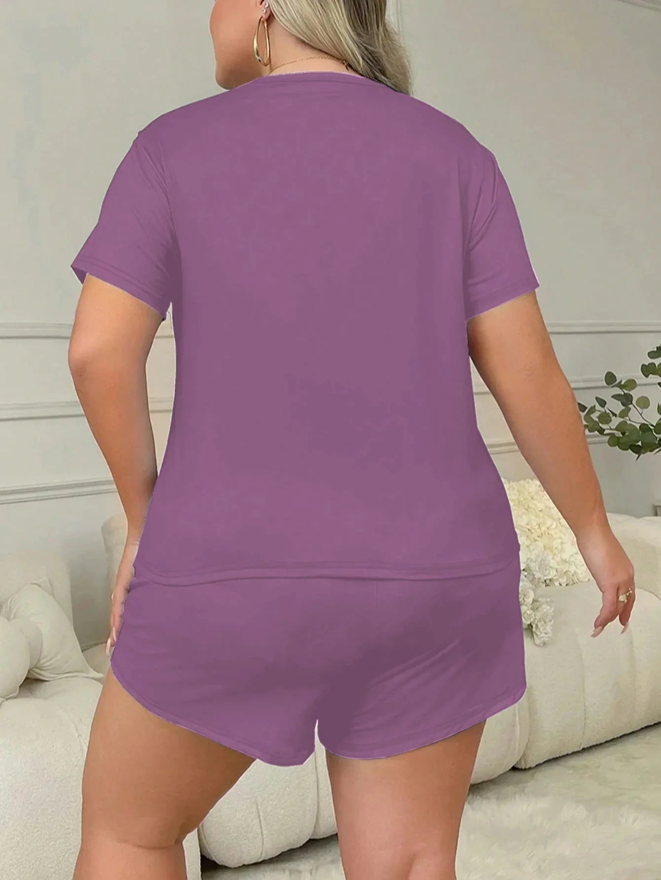 Plus Size 3XL 4XL 5XL Casual Loungewear Letters Print Pajamas Set Women's Short Sleeve Tee And Elastic Shorts Homewear