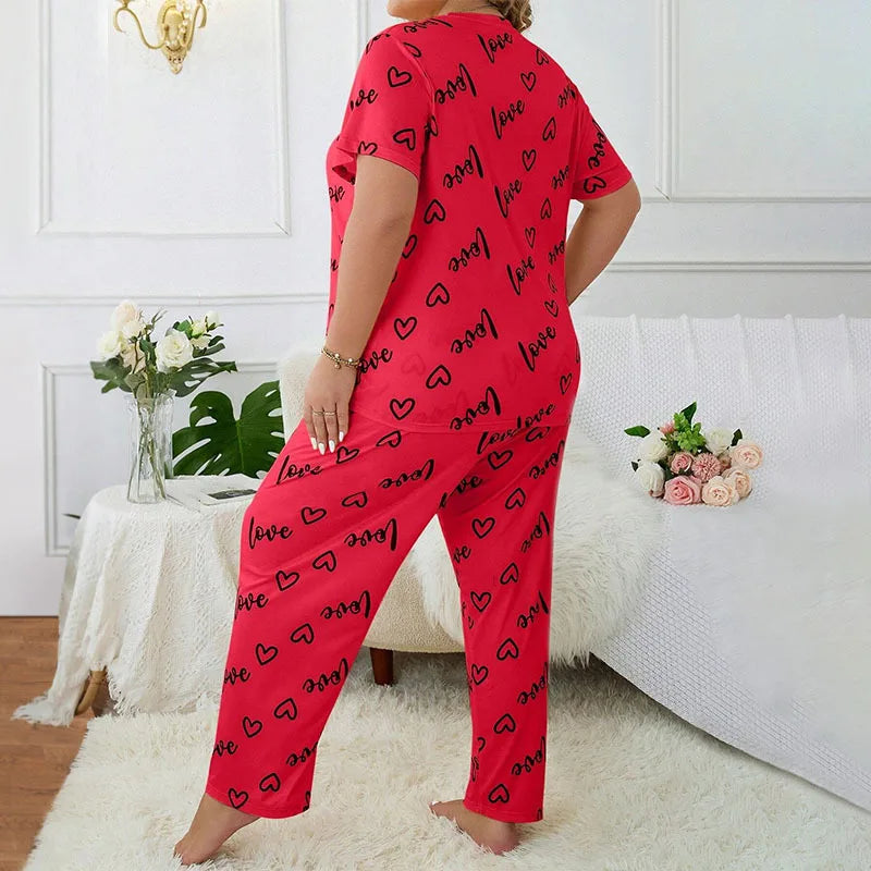 Plus Size 3XL 4XL 5XL Sleepwear Heart Letters Print 2 PCS Pajama Set Women's Casual Short-Sleeve Top and Pants Loungewear
