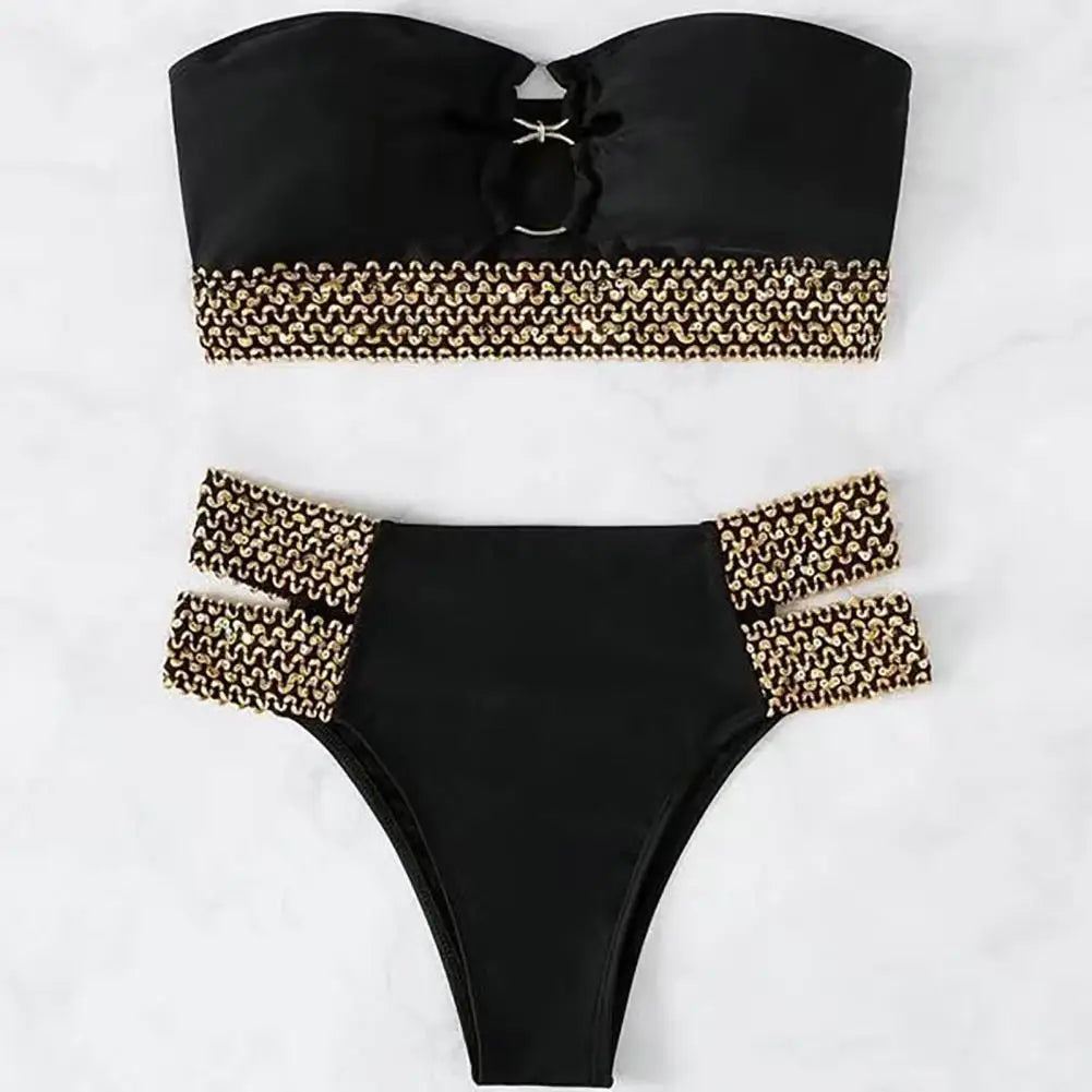 2Pcs/Set Women Bikini Set Ring Connection Off Shoulder Bathing Suit Elastic Waistband Backless High Cut Lady Beach Bikini Suit