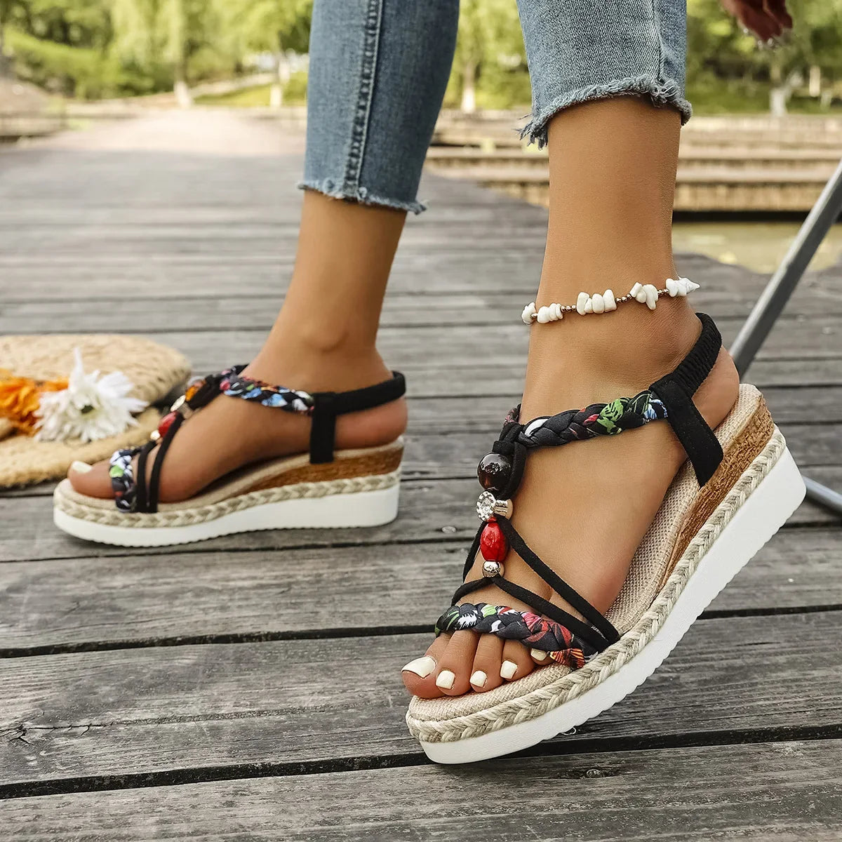 Fashion T-Strap Platform Sandals  Women New Mix Color Elastic Band Wedge Sandals Woman Summer Daily Open Toe Sandalias Female