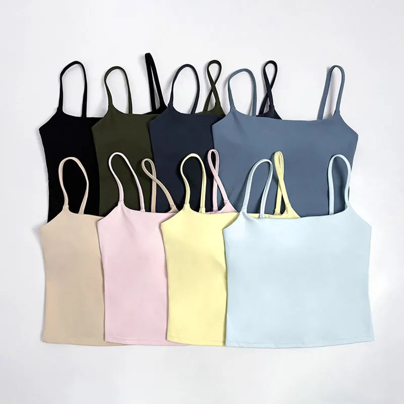 NCLAGEN SoftMotion Strappy Mid Vest with Built in Bra Shelf Women Gym Tank Top Naked-feel Workout Fitness Pilates Yoga Camisole