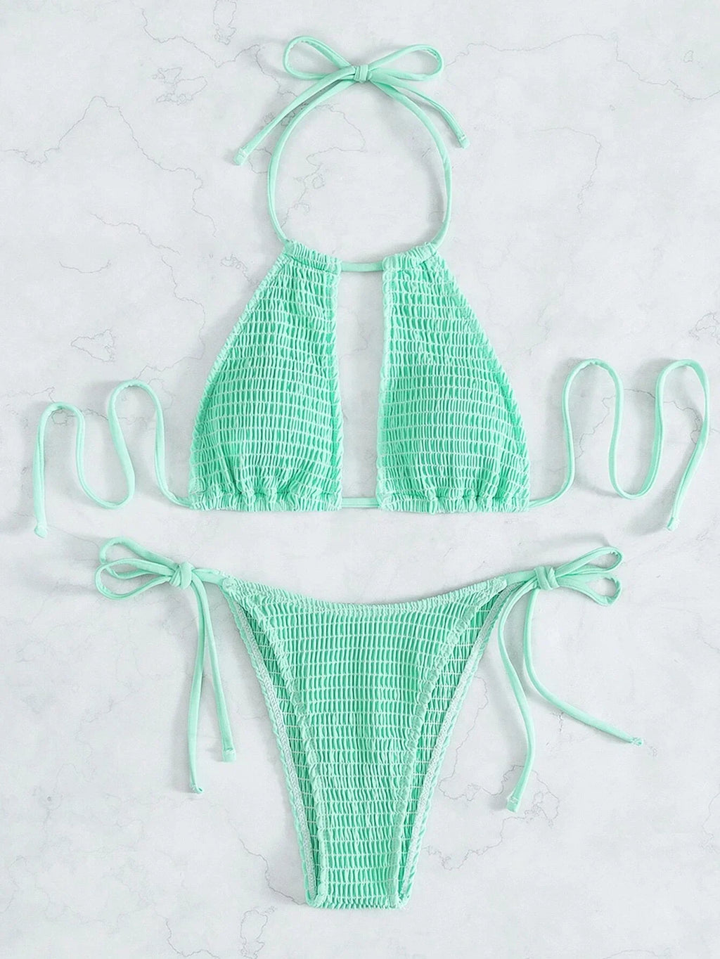 2025 Halter Tie Side Hollow Out Smocked Bikini Women Swimsuit Female Swimwear Two Pieces Bikini Set Swim Bathing Suit Beach Wear