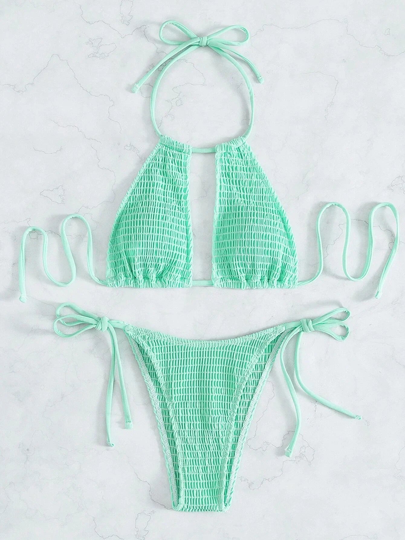 2025 Halter Tie Side Hollow Out Smocked Bikini Women Swimsuit Female Swimwear Two Pieces Bikini Set Swim Bathing Suit Beach Wear